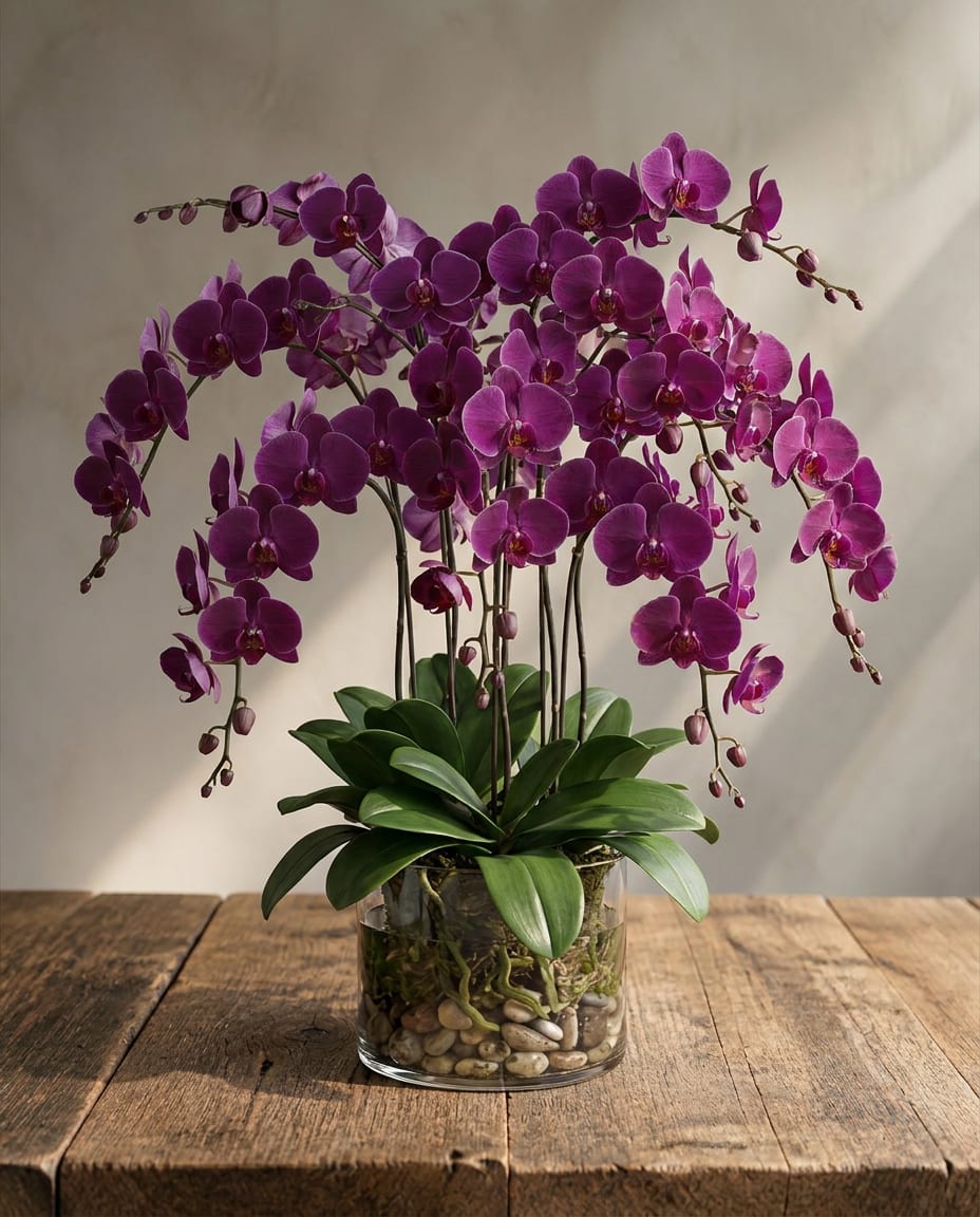 Purple orchid plant in a glass vase with pebbles