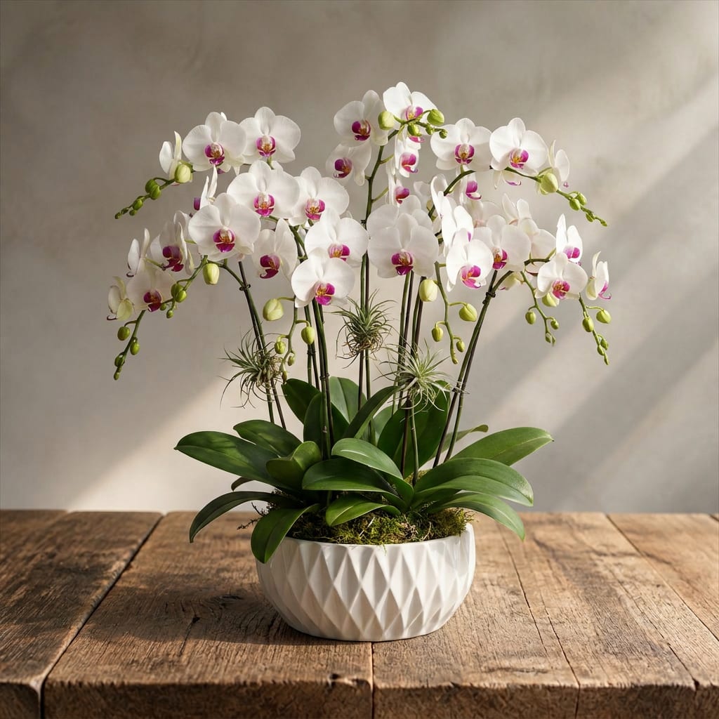 White orchids arranged in a white ceramic pot