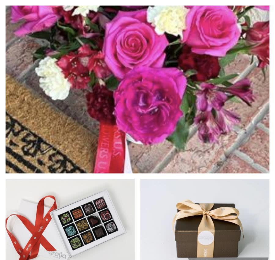 Pink rose bouquet with mixed flowers and a ribbon, plus boxed chocolates below