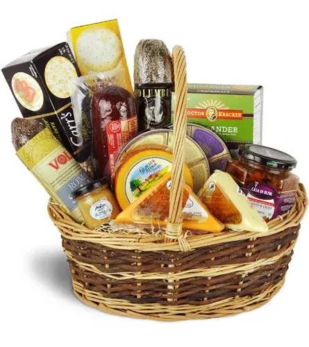 Basket of assorted cheeses and jars of preserves