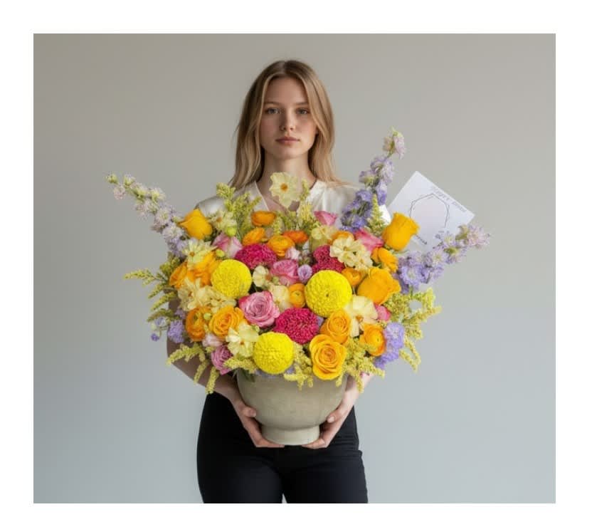 Large mixed bouquet in a gray vase with yellow, pink, and lavender flowers