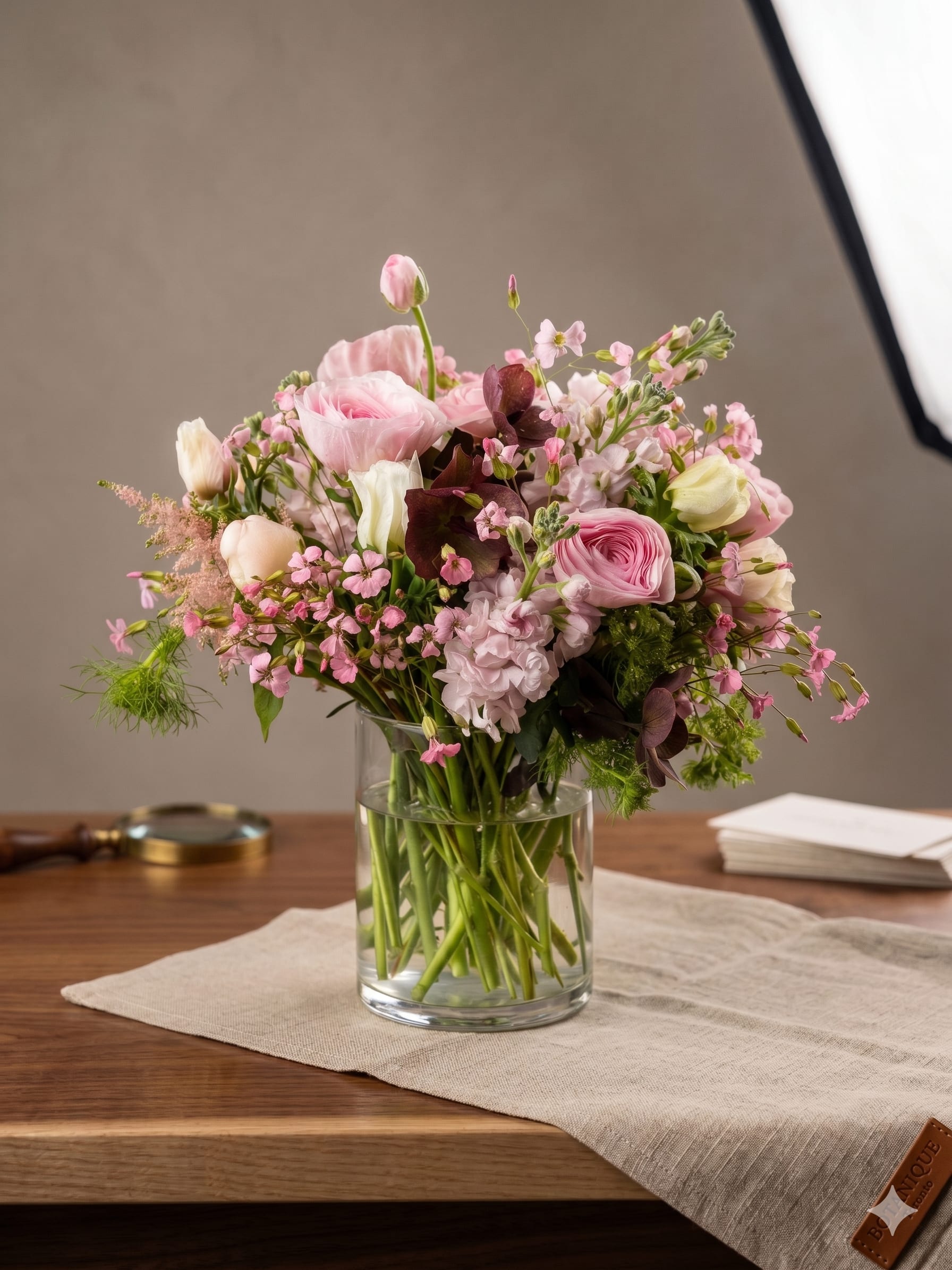 BP126 - Sweet Blush Harmony - Textured arrangement featuring a sophisticated blend of delicate anemones, lush ranunculus, and exquisite hellebores.  Seasonality: Anemones, Hellebores: These specialty blooms all share a similar growing season, reaching their peak availability from late Winter through the Spring.  If specific cool-weather flowers like anemones, hellebores are out of season, our designers will carefully select premium substitute blooms of equal or higher value. 