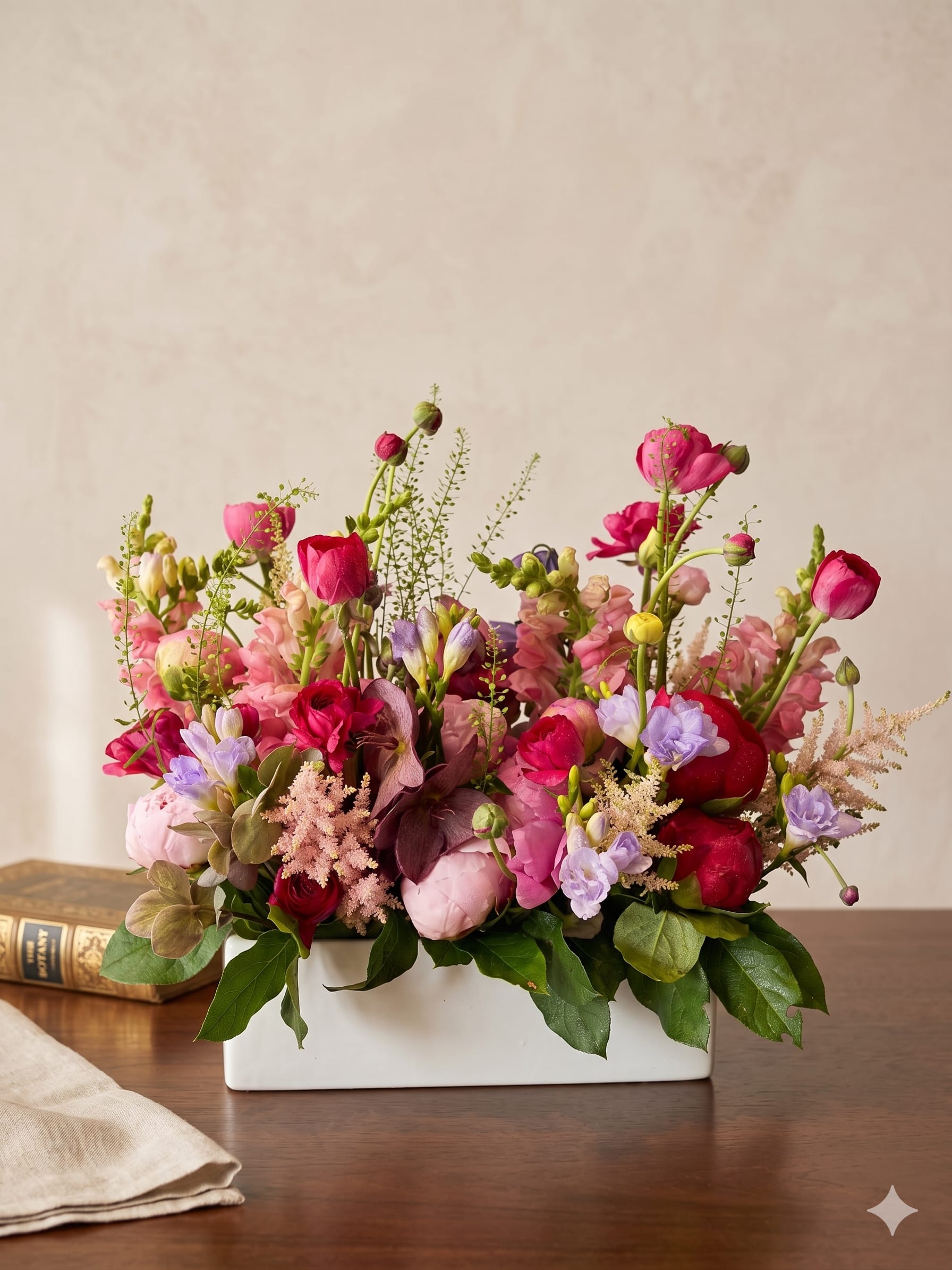 BP128 - The Soft Pink Melody Arrangement - This lush, textured arrangement is a sophisticated melody of fuchsia and soft pink tones, featuring peonies, ranunculus, roses, snapdragons. A rich, garden-style composition balanced with natural greenery.  Seasonality: Peonies (late spring through early summer), and Snapdragons (summer). Specific flowers may vary with seasonal availability. Hellebore: Late winter through early spring 