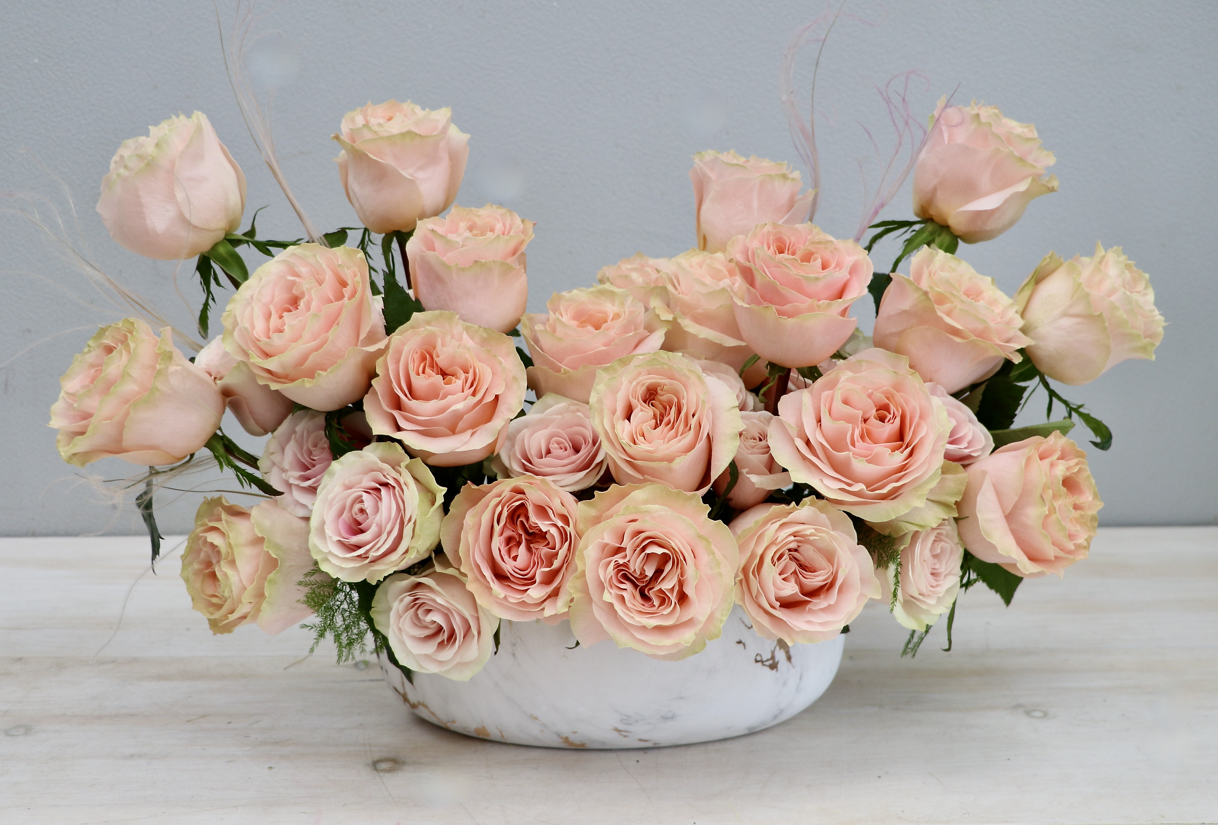 Low arrangement of pale peach roses in an oval white bowl