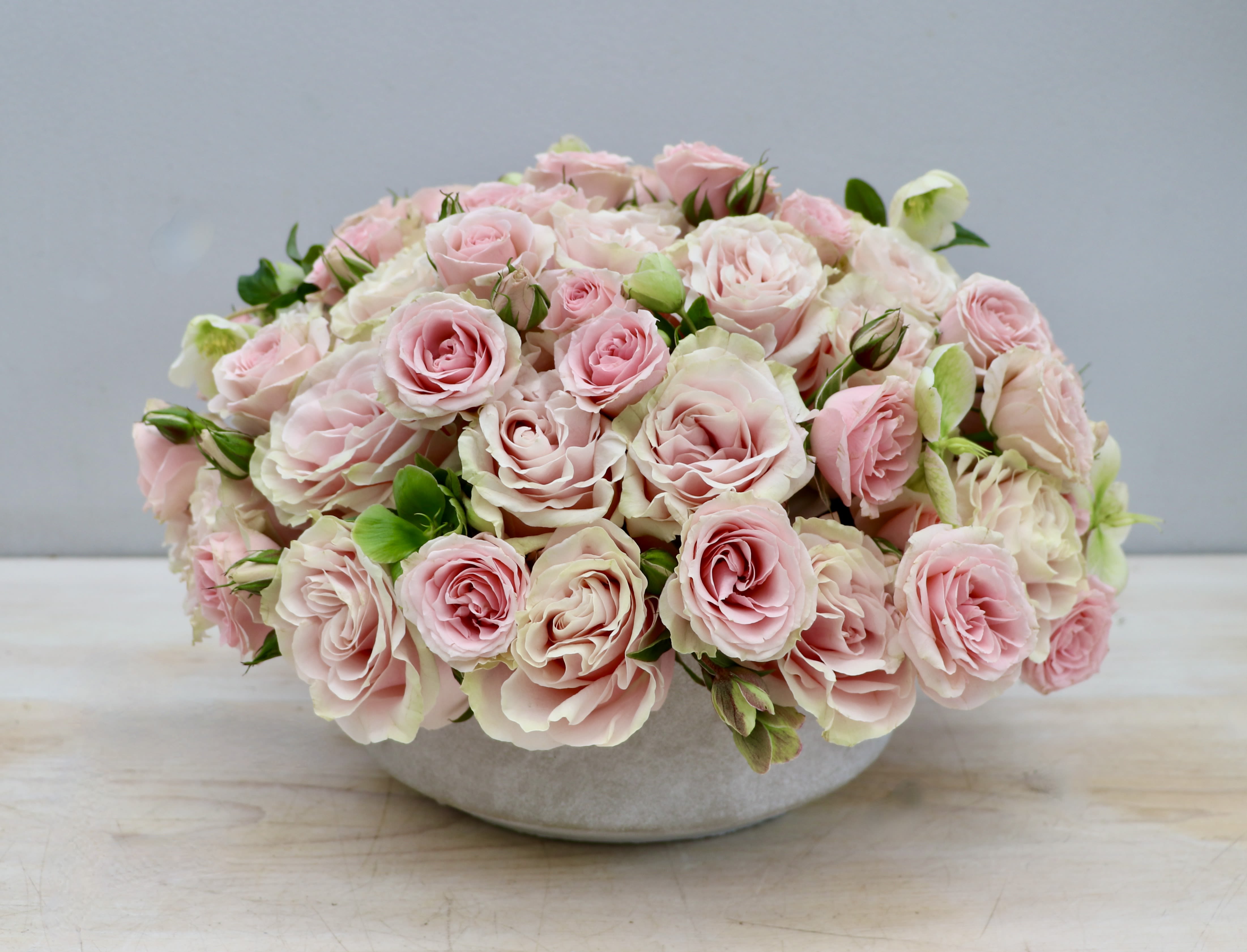 Low arrangement of pale pink roses densely packed in a round white bowl