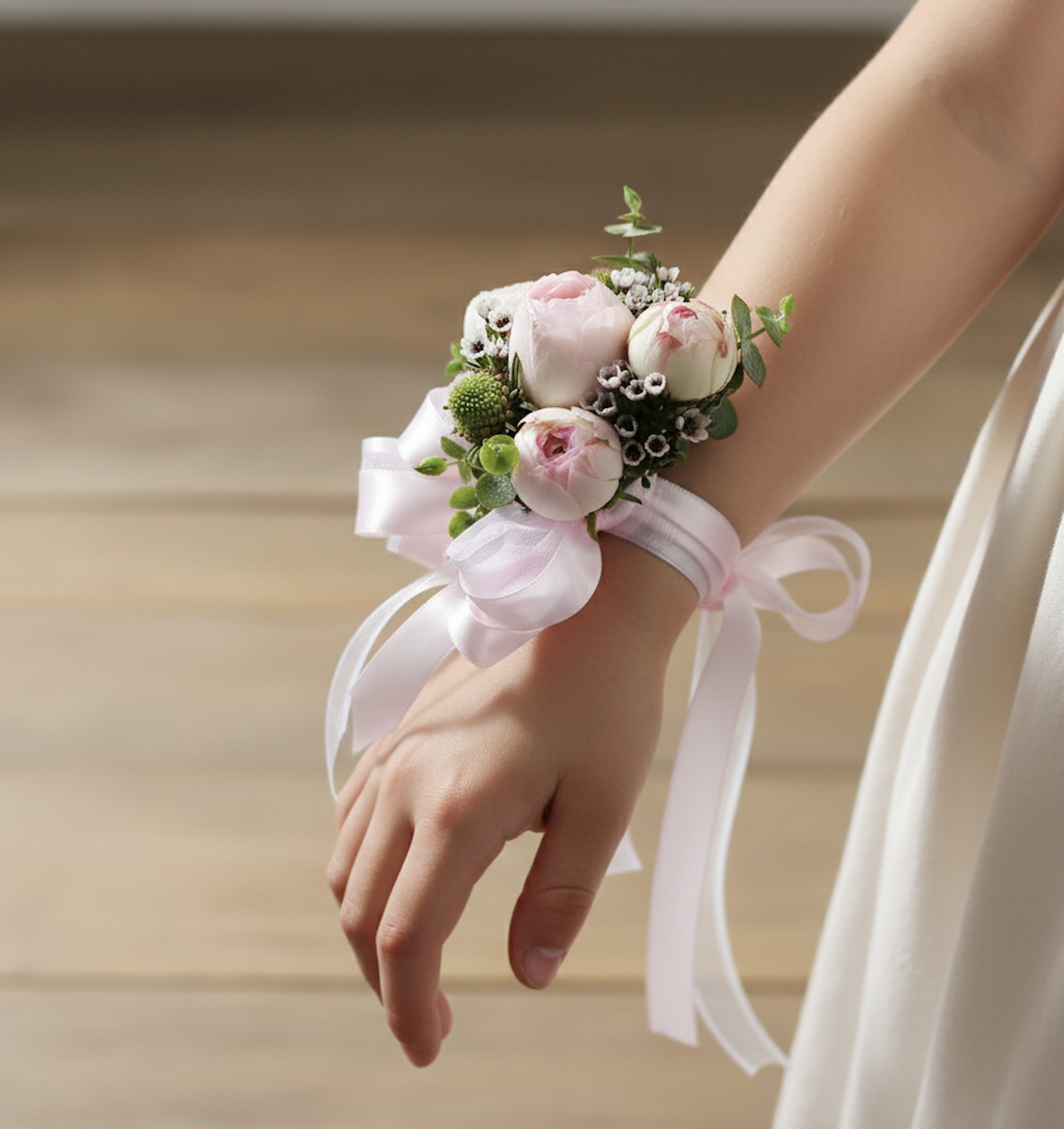 Pale pink rosebud wrist corsage with white filler flowers on a pink ribbon.