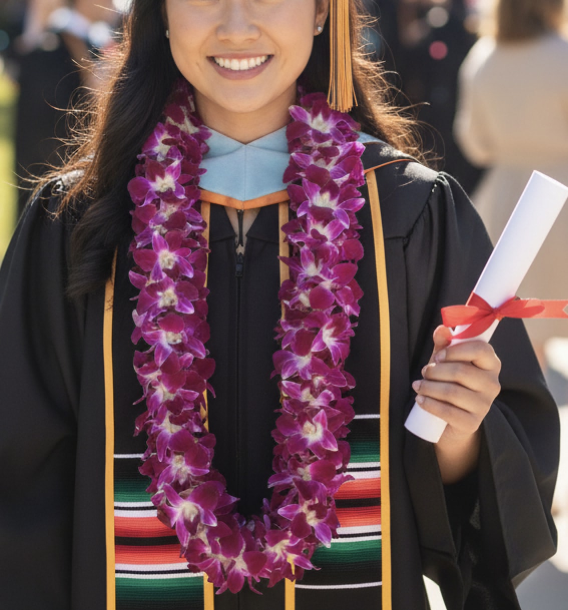 Purple orchid lei worn by a graduate in a black cap and gown holding a rolled diploma