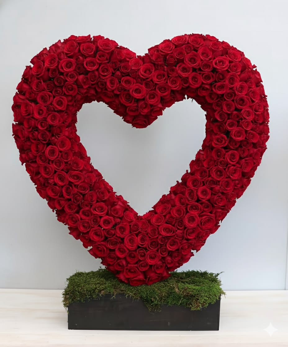 Large open heart of red roses on a moss-covered rectangular base