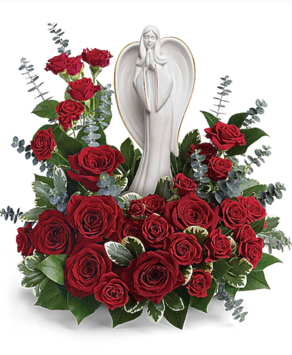 Red roses arranged around a white angel statue