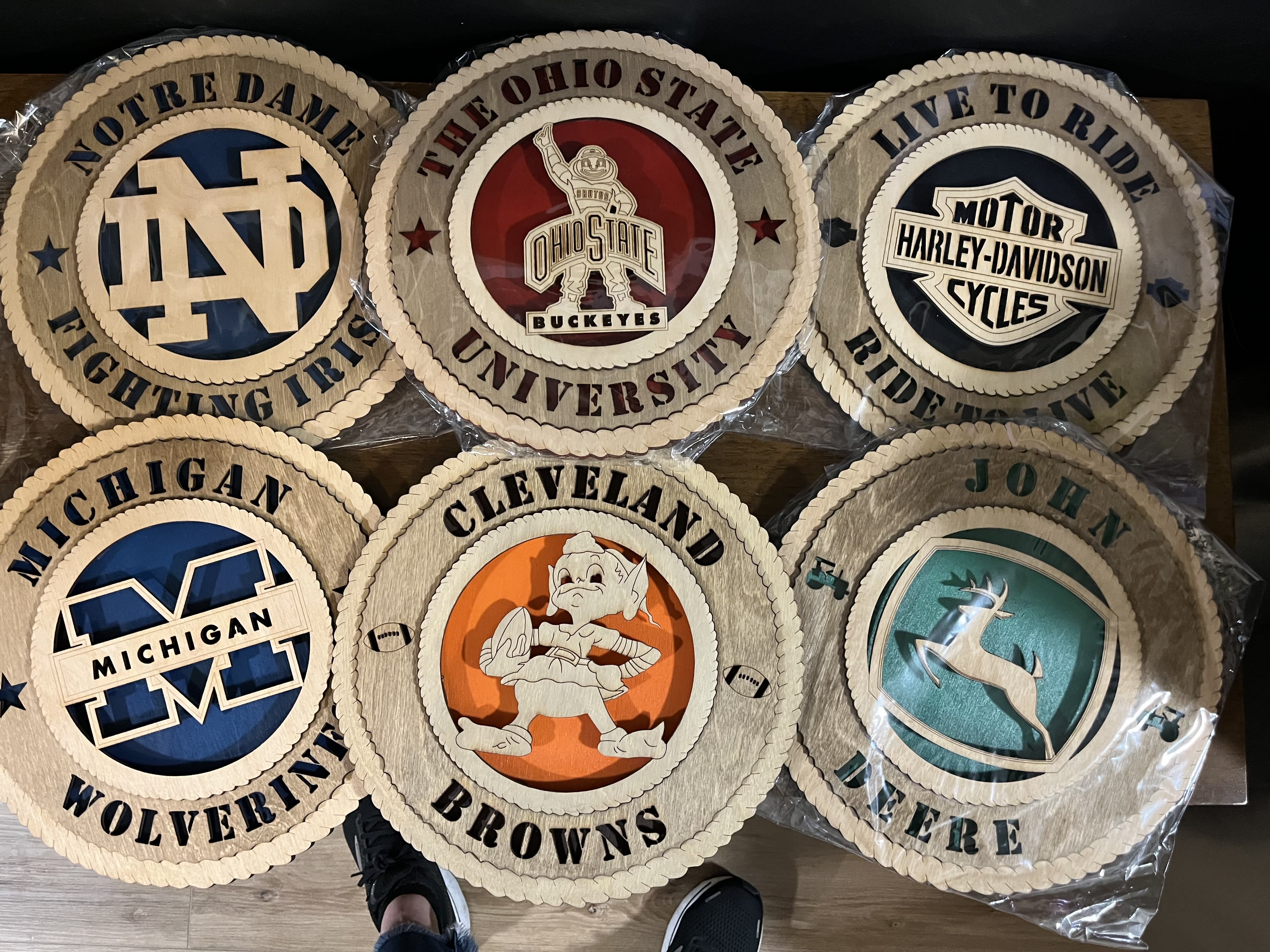 Six round collegiate logo plaques with team names and mascots