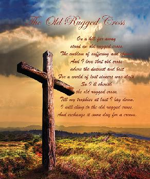 A wooden cross stands in a field under a cloudy sunset sky with text overlaid.