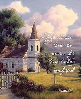 A church with a steeple under a cloudy sky and a memorial quote overlay