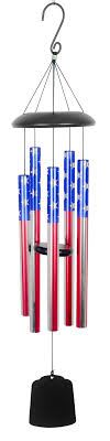 Patriotic wind chime with red, white, and blue tubes hanging from a black top and clapper.