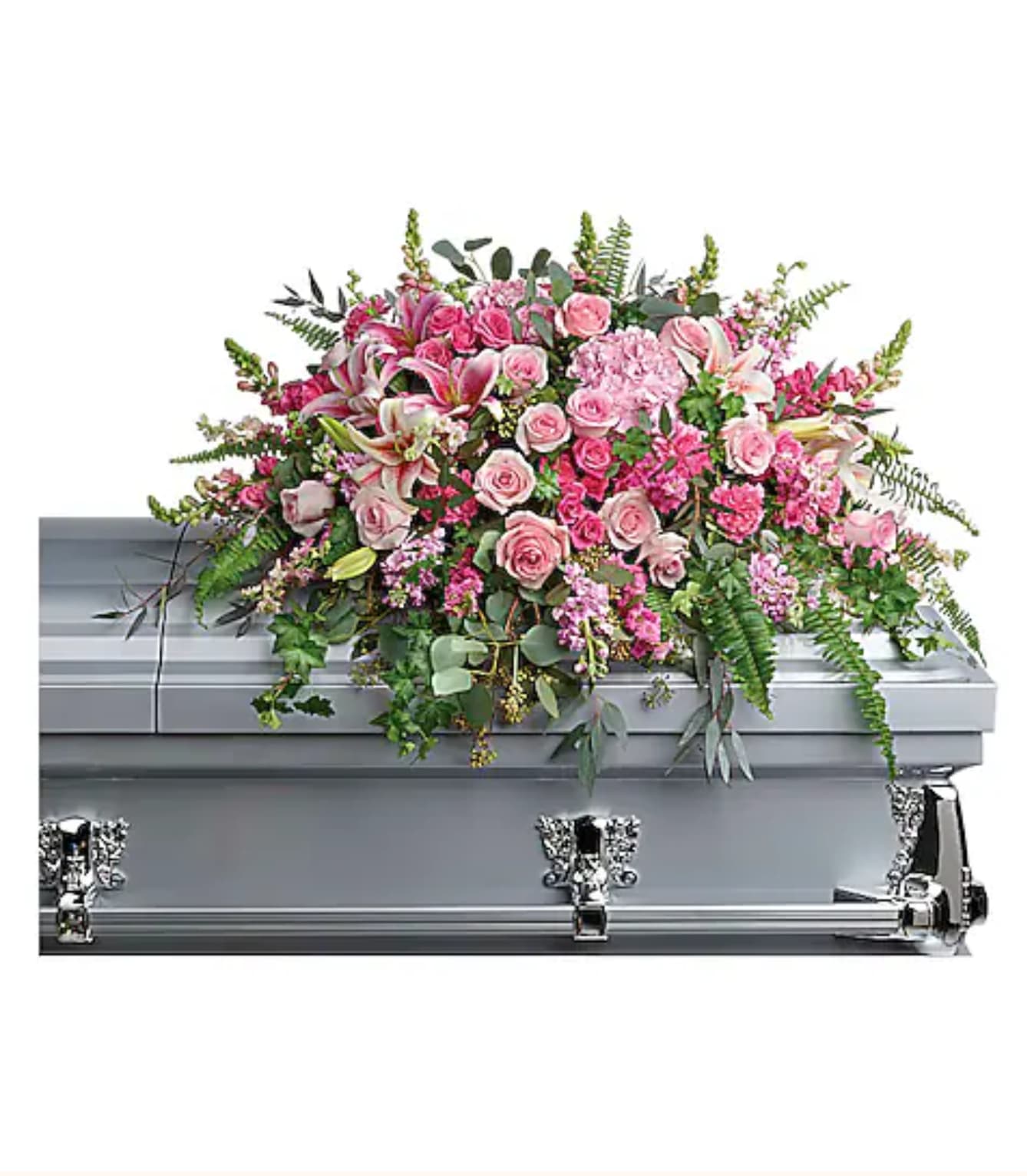 Pink floral casket spray on a silver casket