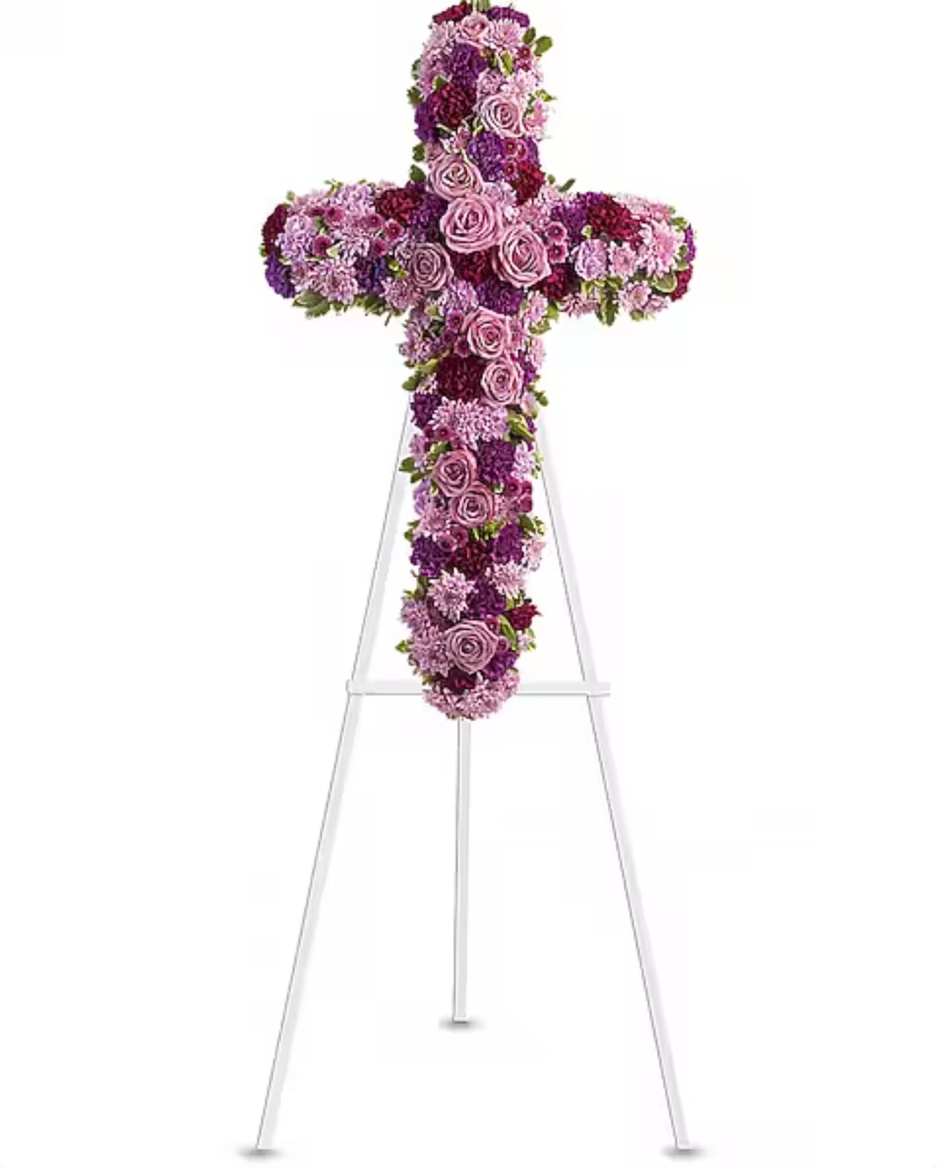 Purple and pink floral cross on a white stand