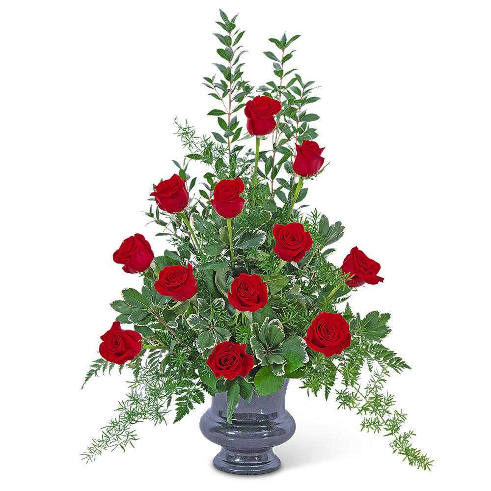 Tall arrangement of red roses in a gray vase