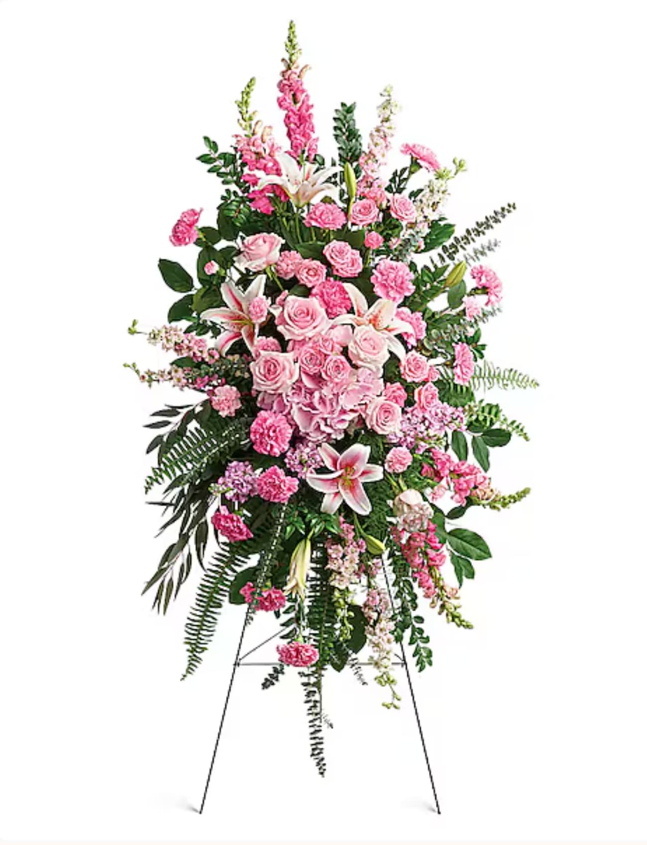 Tall pink and white floral standing spray on an easel