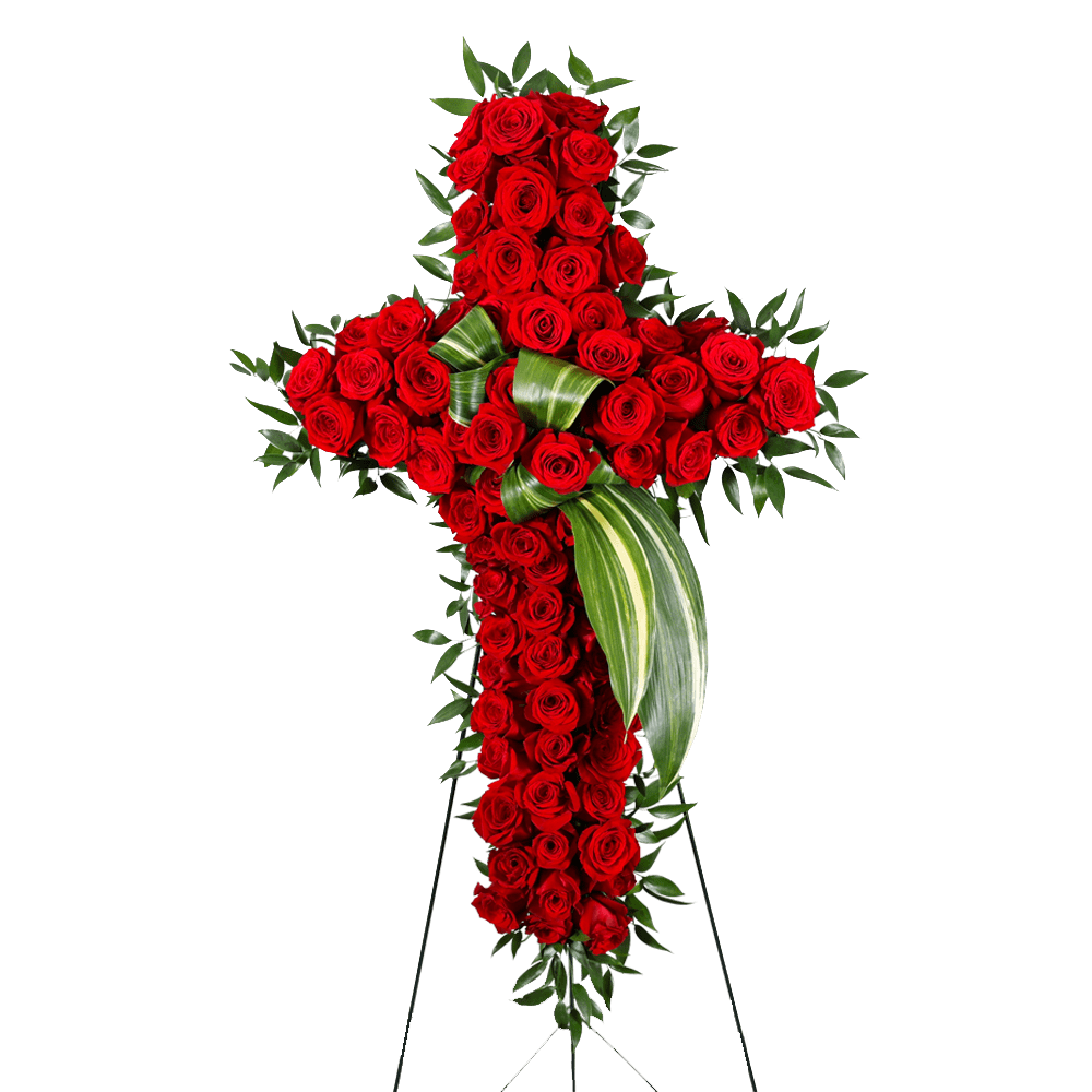 Cross-shaped standing spray of red roses with green ribbon accents