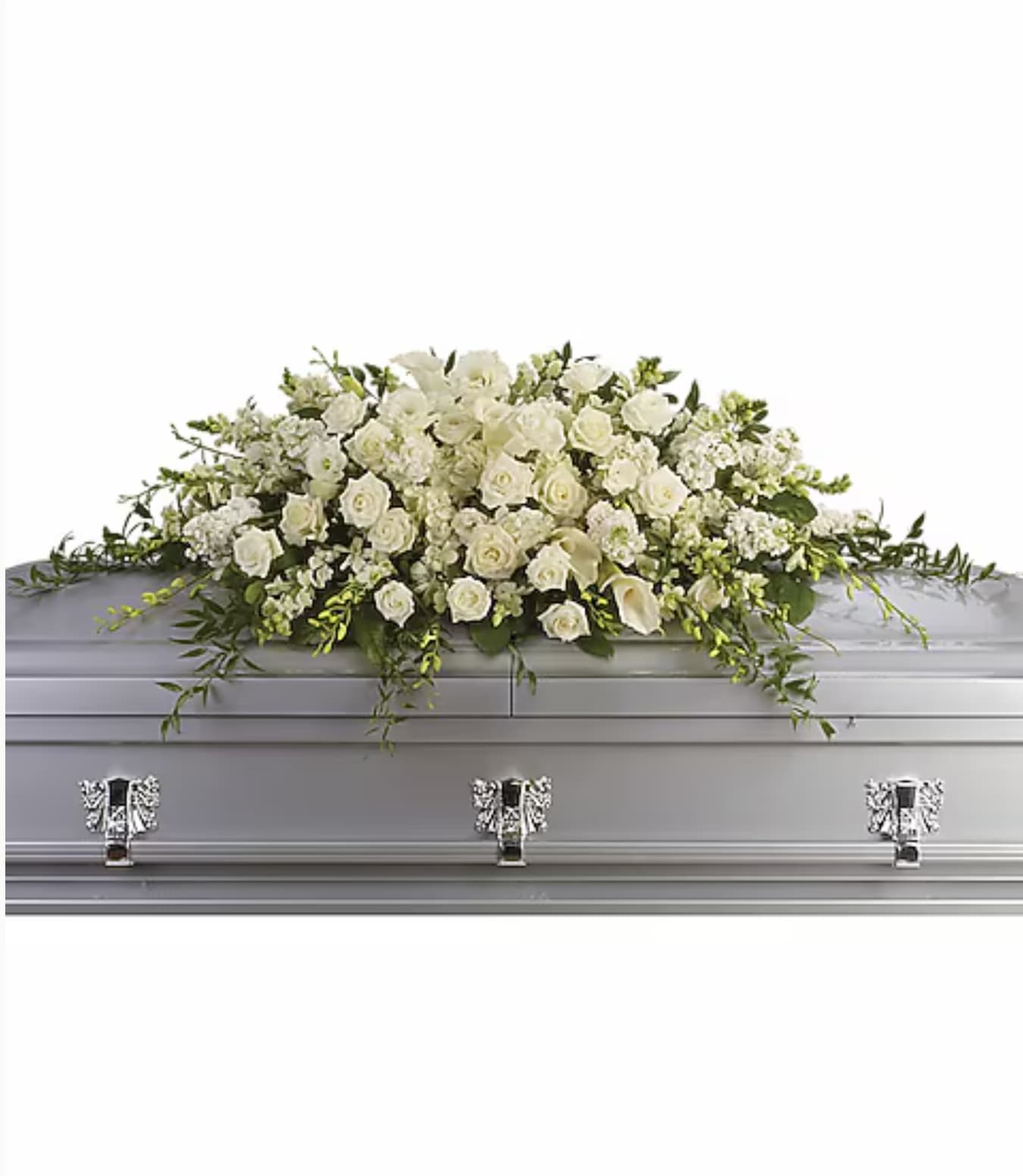 White floral casket spray with roses, calla lilies, and greenery