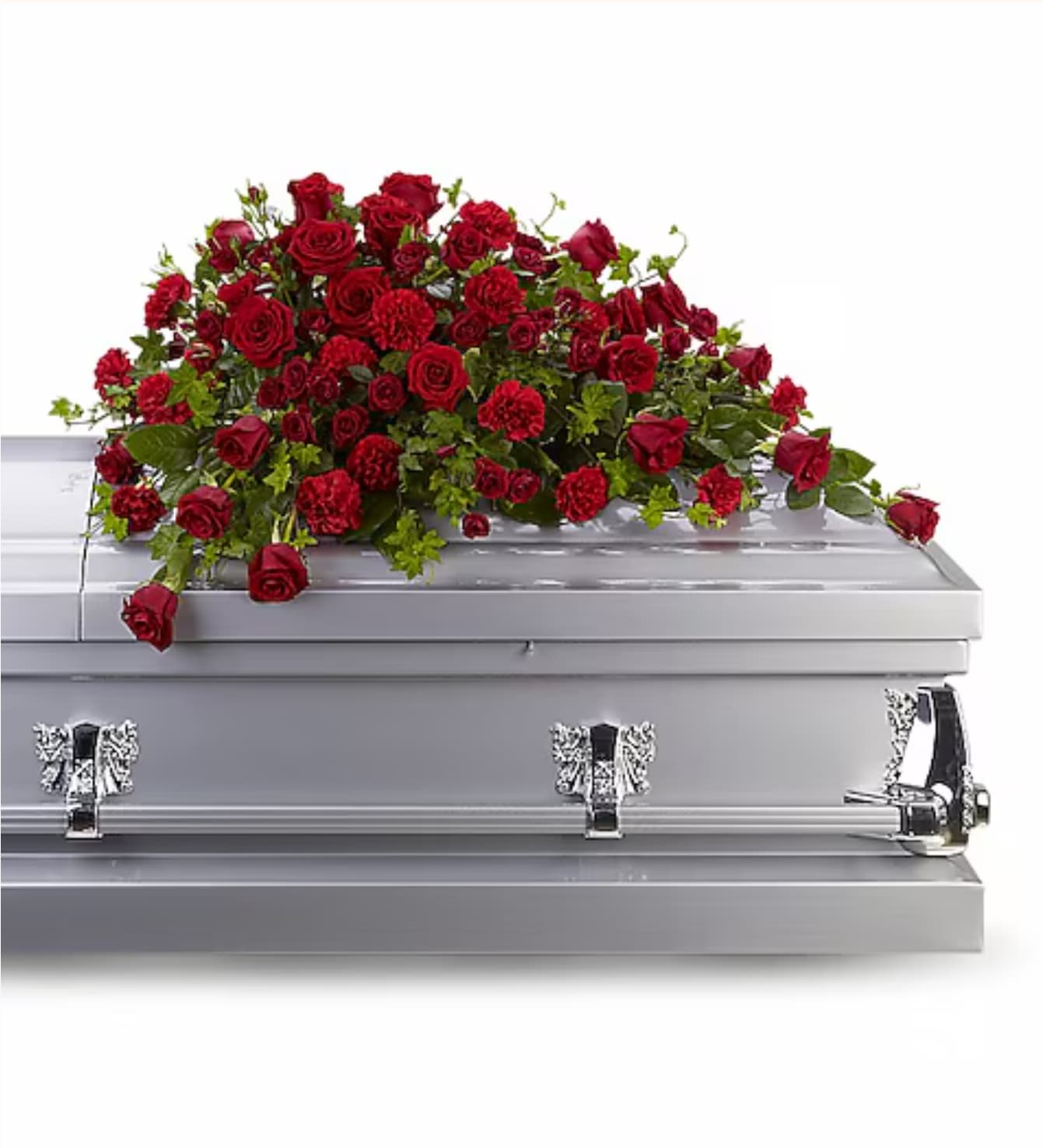 Red rose casket spray on a gray casket