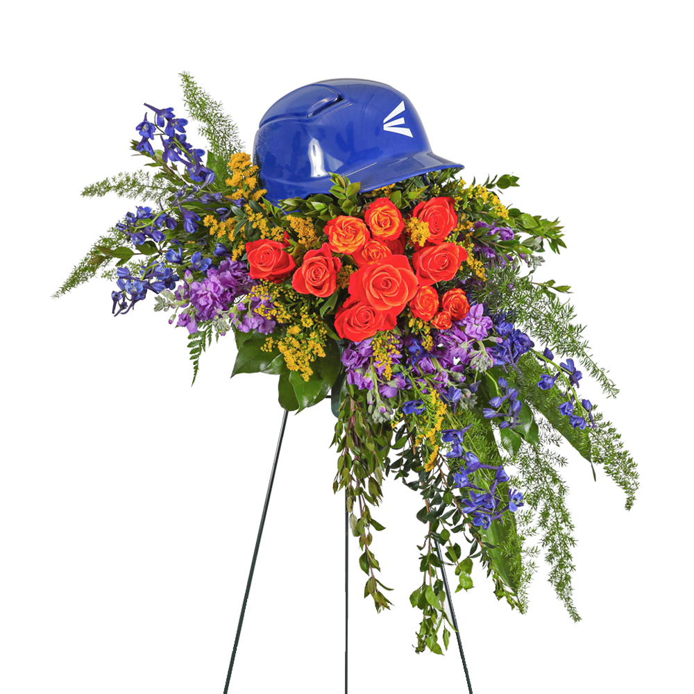 Floral standing spray with red roses and a blue hard hat