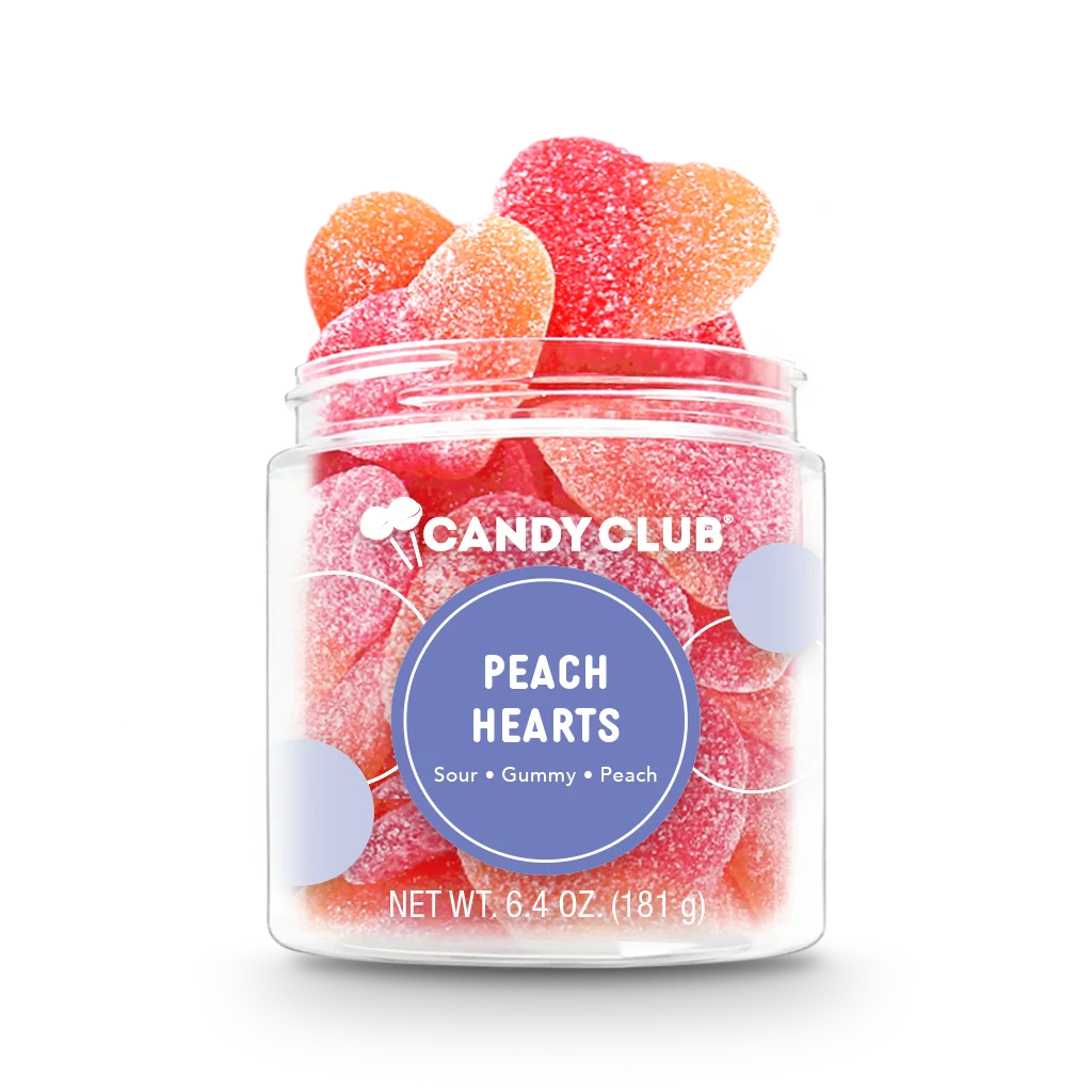 Peach Hearts (by Candy Club) - These juicy, sugar-coated, soft and chewy hearts are sure to delight your senses with every aromatic and tart peach-flavored bite. They're perfectly peachy--delicious add-on to any of our floral arrangements or plants.