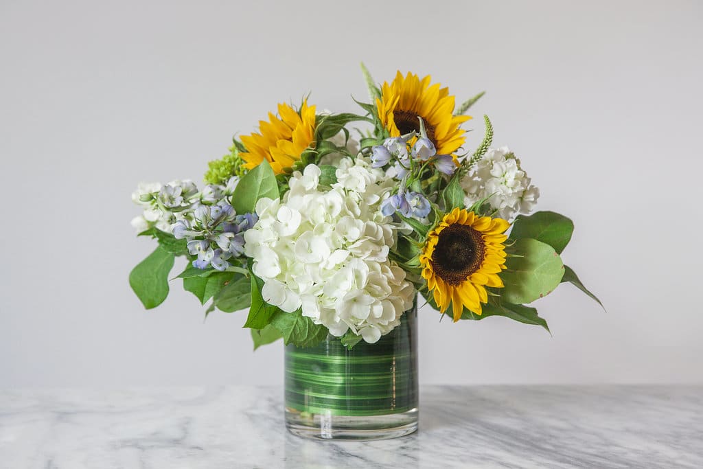 Sunflowers and white hydrangeas in a glass vase