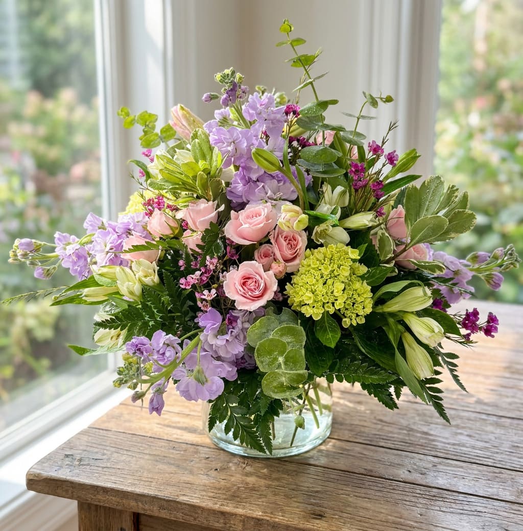 Mixed pink and lavender bouquet in a clear glass vase