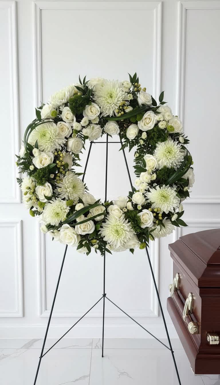 White floral funeral wreath on a black stand beside a casket
