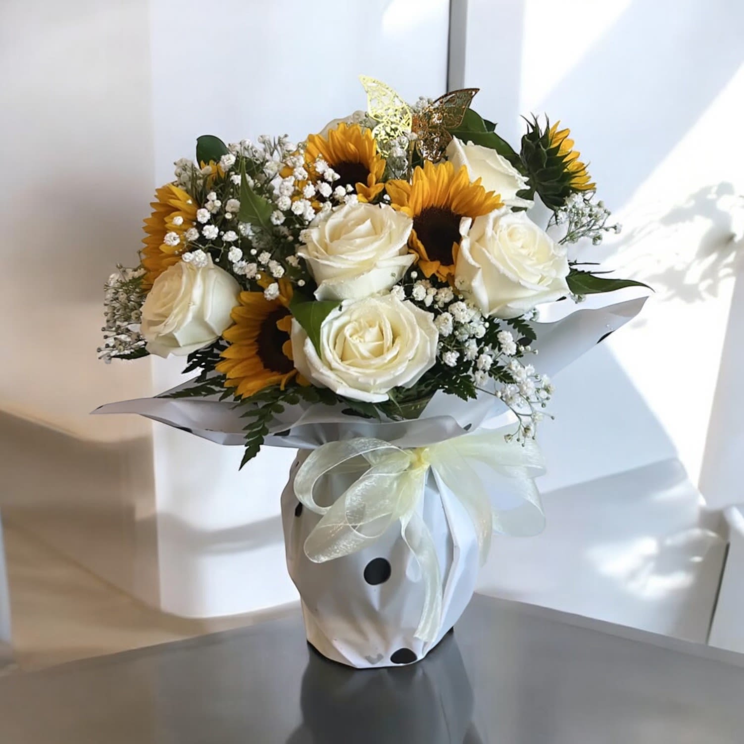 Sunny Day Arrangment - Sunflowers &amp; Roses Arrangment   Vase may be wapped in a different paper (based on stock)