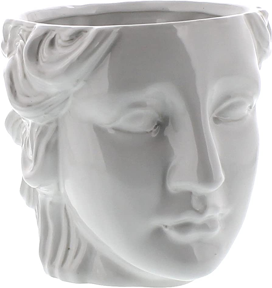 White sculpted face-shaped ceramic planter
