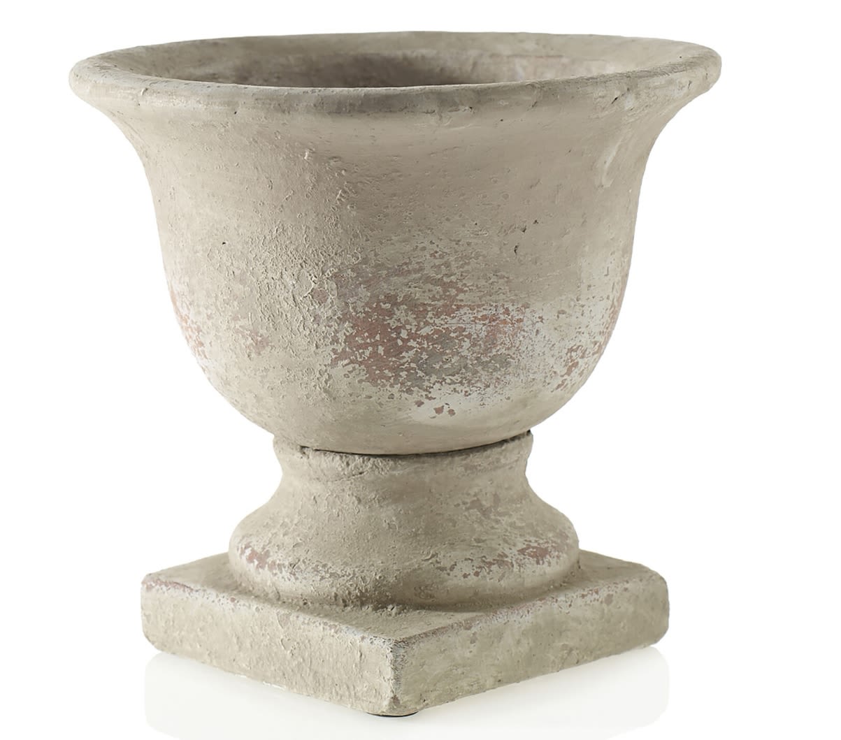 Weathered stone urn planter with a wide flared rim
