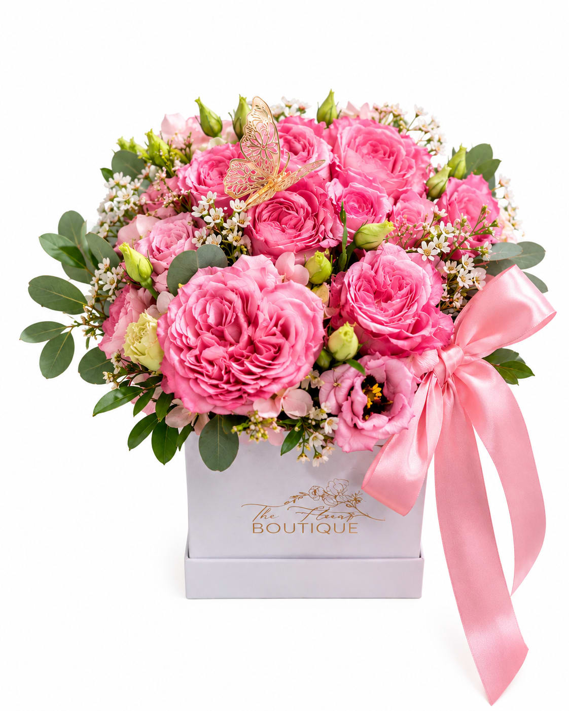 Garden Butterfly- Petite Box - A luxurious floral arrangement designed to make every moment feel extra special. The Garden Elegance Petite Box features premium garden roses, delicate accent blooms, fresh greenery, and a soft satin ribbon beautifully arranged in our signature keepsake box. Finished with an elegant butterfly detail, this arrangement is perfect for birthdays, anniversaries, baby showers, Mother’s Day, to say "thank you", or simply to brighten someone’s day with beauty and love.  Soft, romantic, and timeless — a true statement piece for any occasion  
