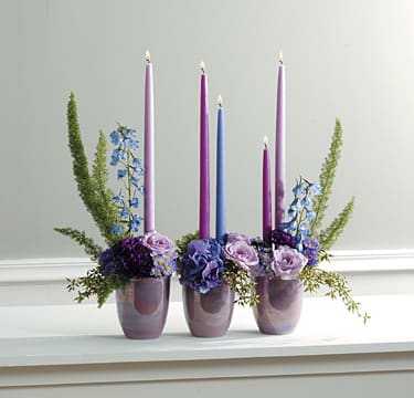 Blue and Lavender arrangement with candles - Roses, asters, carnations, hydrangea and delphinium