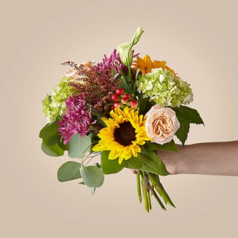 Cottage Garden Bouquet Original - A harmonious collection of freshly gathered sunflowers, roses, hydrangeas and eucalyptus come together to create the charming yet elegant Cottage Garden Bouquet. Whether it's a gift for a friend or a treat for yourself, the light and fresh florals bring that calm countryside feeling to a