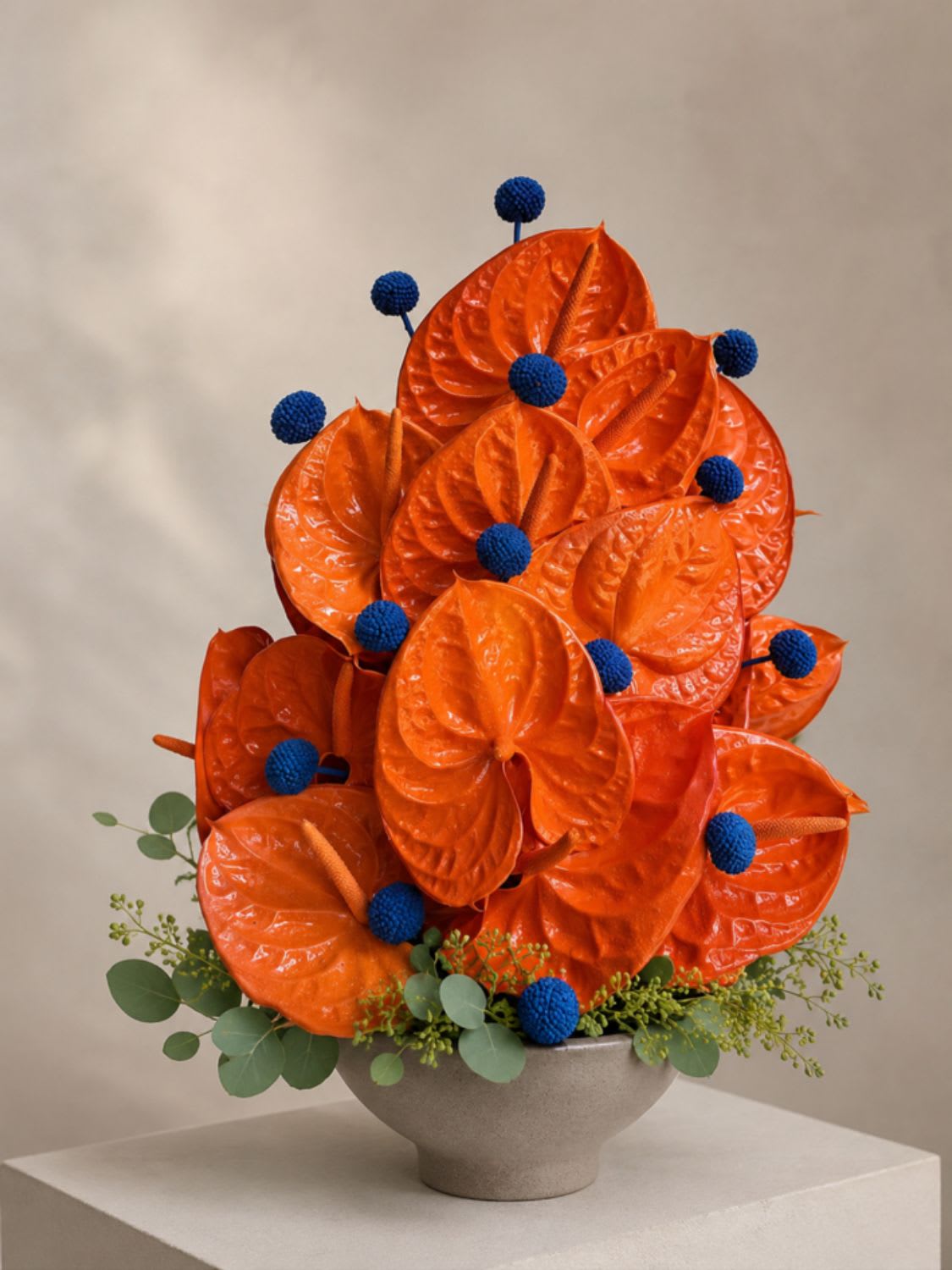 Colorado Colors - A bold cluster of glossy orange anthuriums and vivid blue spherical accents creates a modern birthday bouquet or anniversary arrangement that makes the recipient feel celebrated the moment it arrives. This contemporary flower arrangement for birthdays and special occasions reads like wearable art-dense, sculptural, and full of color-so the person you're thinking of will feel seen and delighted by its striking contrast and festive, tropical energy.  Tightly stacked orange anthurium spathes form the rounded vertical centerpiece, while vibrant blue ball accents punctuate the composition for an unexpected pop. Soft eucalyptus-like greenery and small filler sprigs soften the base and add a muted green backdrop to the saturated hues. The flowers are presented in a low ceramic bowl vase that keeps the design compact and display-ready-perfect for a dining table, console, or office desk.  Ideal for someone who loves modern design, bold color, or tropical-style blooms, this arrangement suits birthdays, anniversaries, congratulations, or any moment you want to make joyful and memorable. Care: keep water fresh and the vase filled, avoid direct sun and heat, and gently trim stems if rearranging to extend vase life.