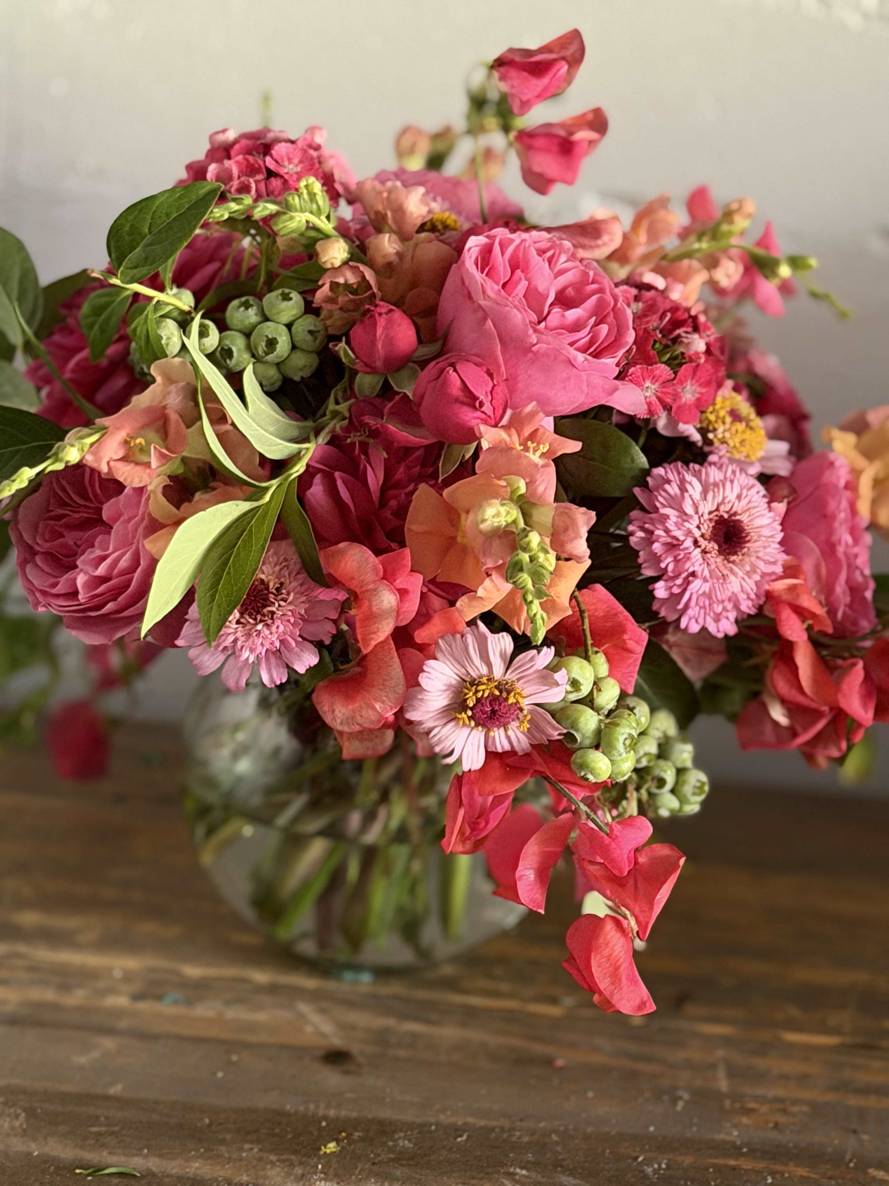 Pink mixed bouquet in a glass vase