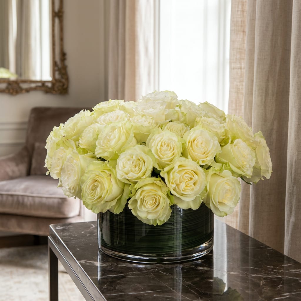 Cream roses arranged in a low glass vase