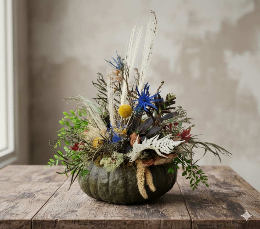 Pumpkin arrangement with dried flowers and blue accents