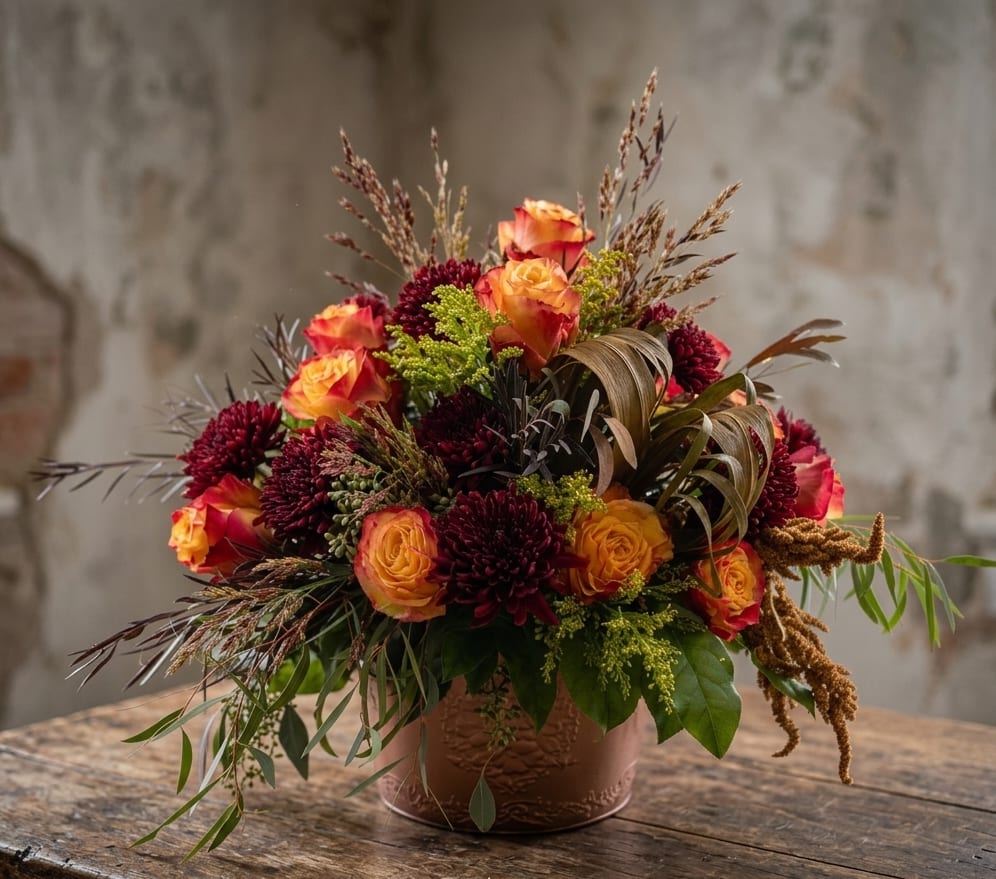 Orange and burgundy roses arranged in a low decorative pot