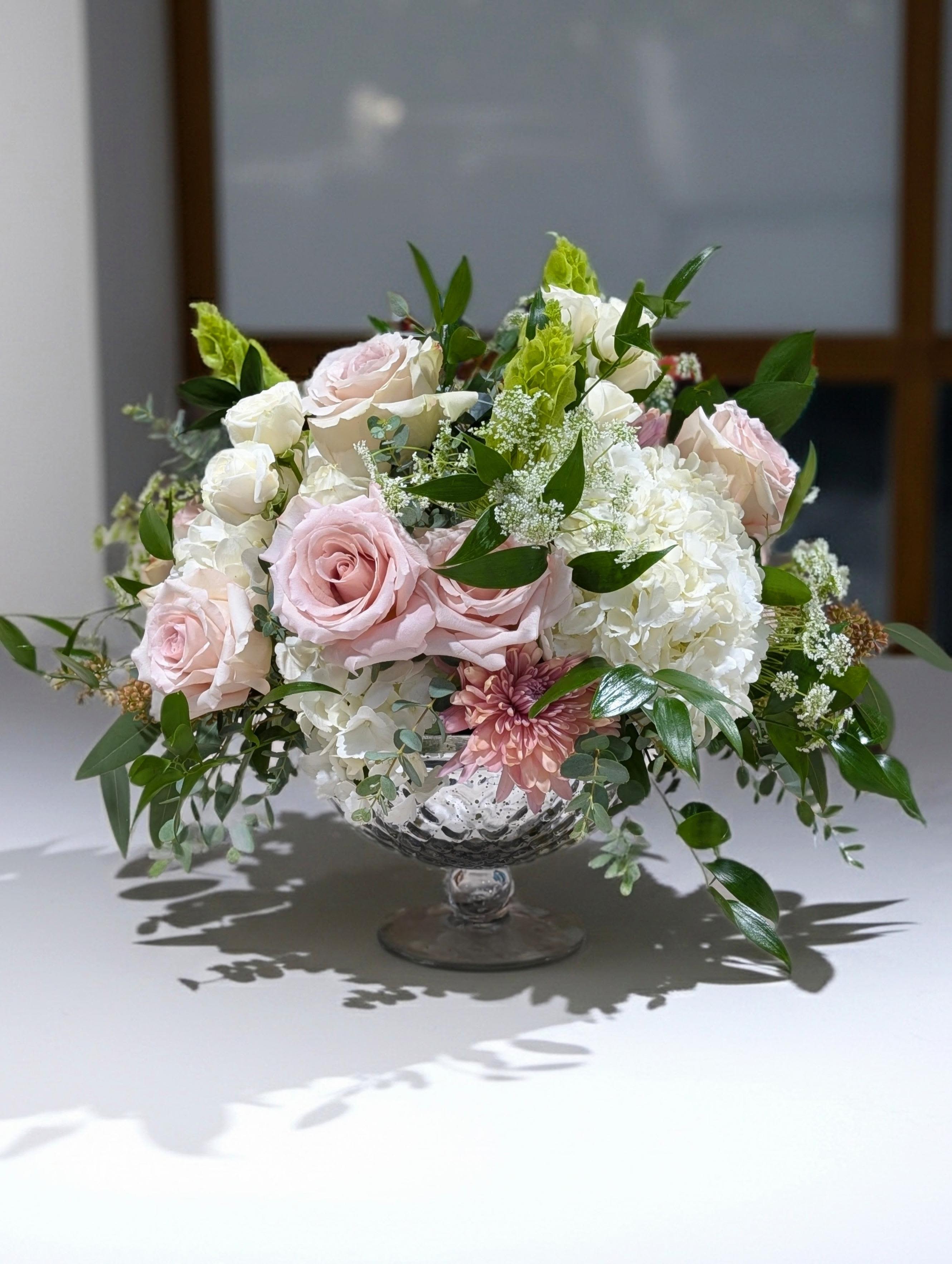 Dreamy Fields – Pastel Blush Pink Roses &amp; White Hydrangea Compote - Soft color hues of seasonal flowers design in a mercury glass compote bowl. ** Container may change.