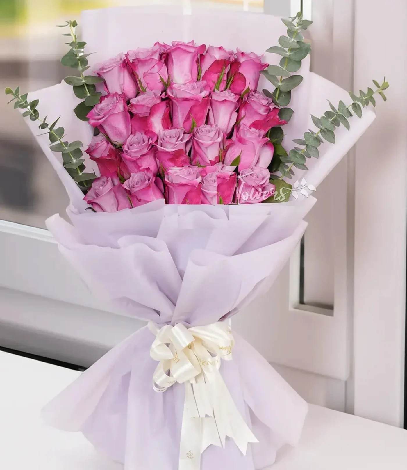 Bouquet of pink roses wrapped in pale lavender paper with a white ribbon