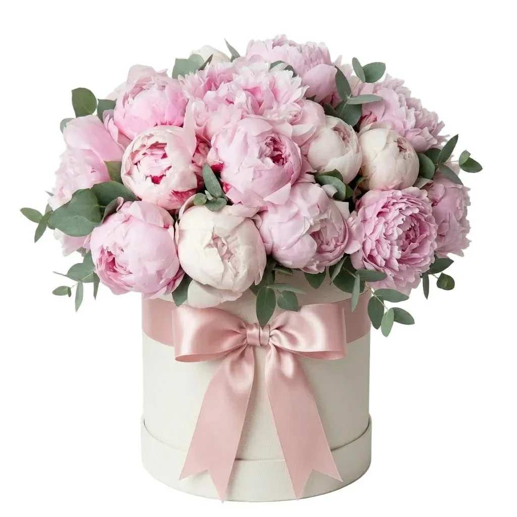 Luxe Peony Box  - Indulge in the timeless beauty of our Wonderful Peonies Box with Eucalyptus . Featuring luxurious, blooming peonies in your choice of color and complemented by fresh eucalyptus, this stunning floral arrangement is designed to capture the essence of elegance and charm. Whether you select soft pastel tones, bold pinks, or classic whites, each peony is carefully handpicked for its exquisite beauty. The addition of fragrant eucalyptus adds a refreshing, aromatic touch to your gift, making it the perfect choice for any occasion.