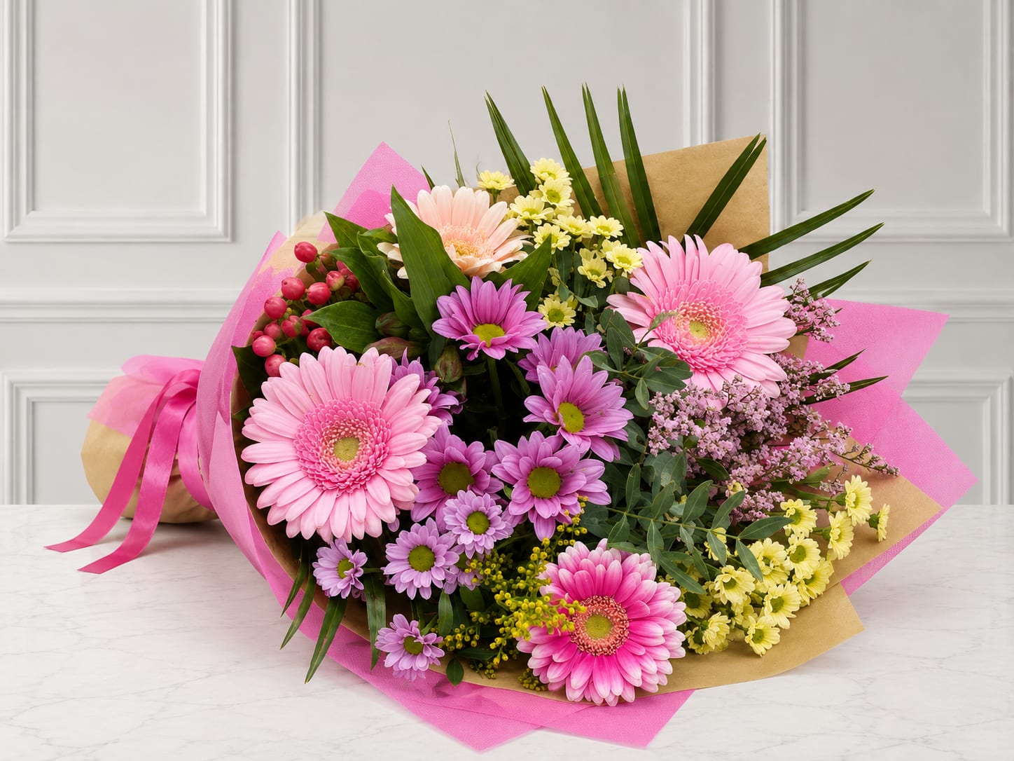 Bouquet of pink and purple daisies wrapped in brown paper and pink tissue