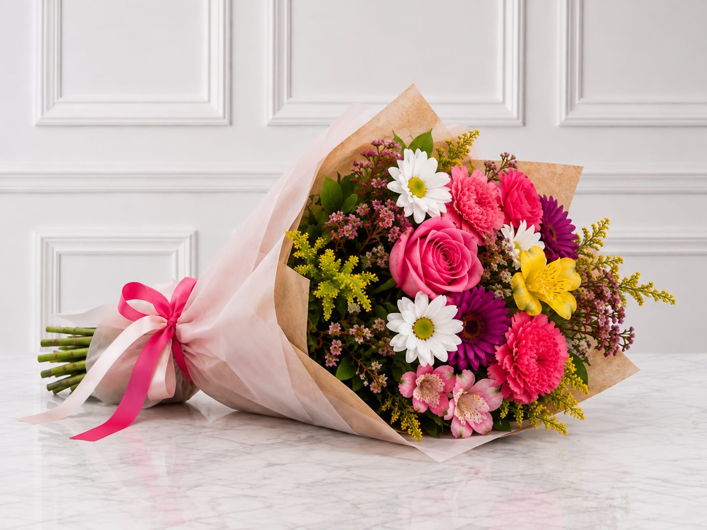 Mixed bouquet of pink, white, yellow, and purple flowers wrapped in paper