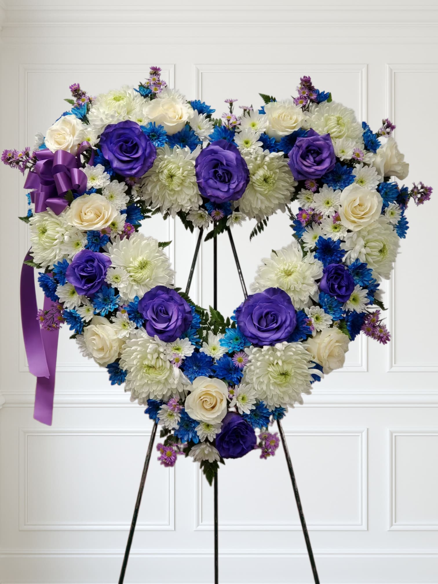 white, Blue and purple open heart - Blue flowers with deep purple roses and white flowers.