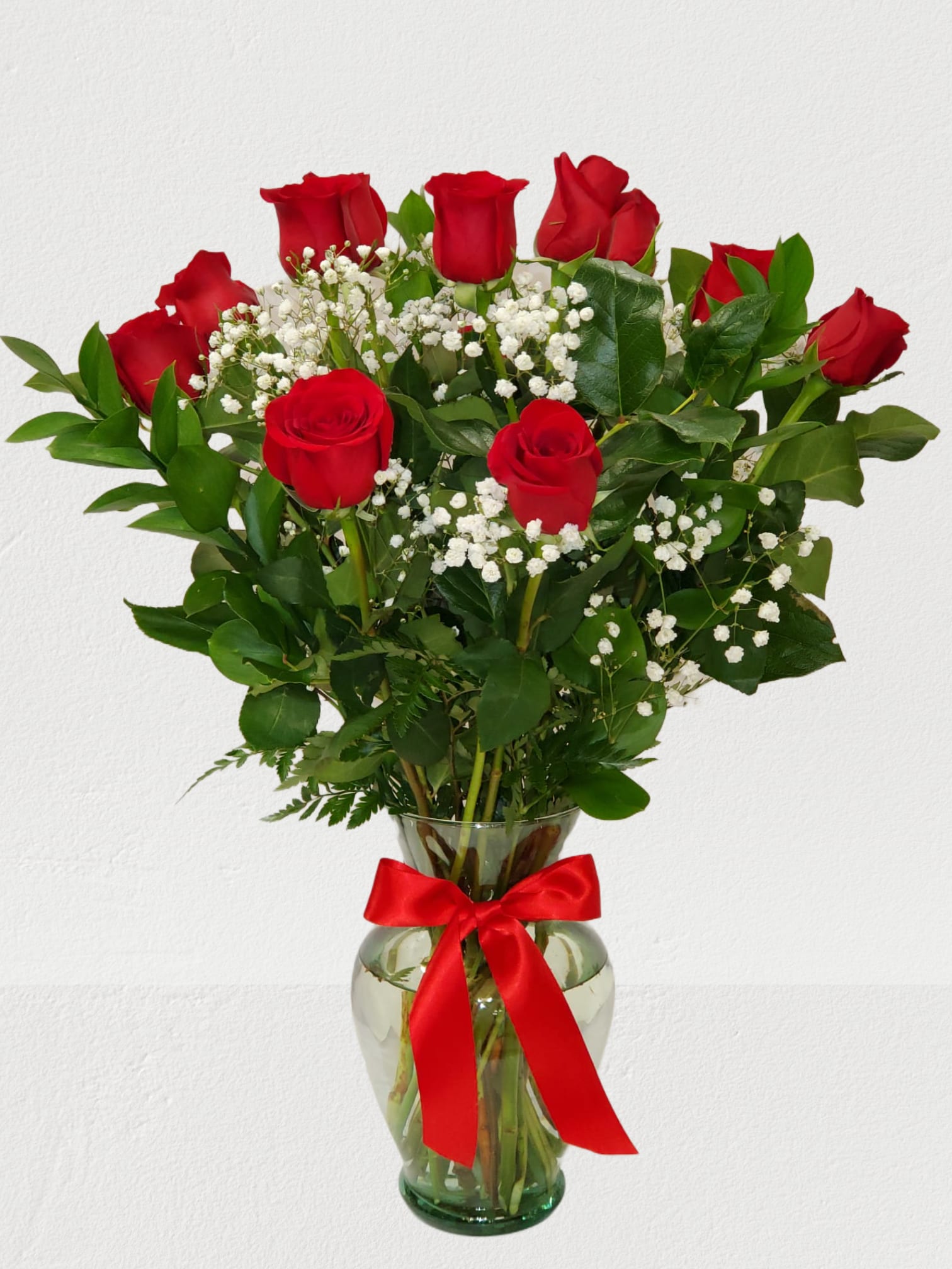 Dozen Red Rose's in a vase with baby breath - Red Rose's in a vase always make someone happy they came 3 size like the picture 12 Rose's  Medium 18 Rose's Large 24 Rose's 