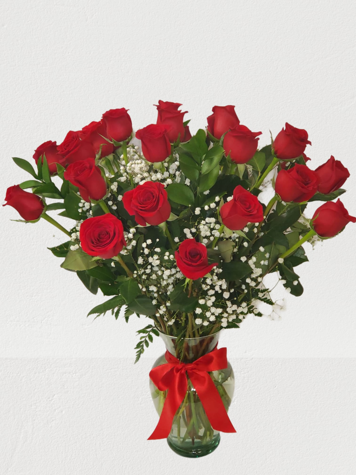 Romance with baby breath - 24 Red Rose's in a vase 3 different size 24 Rose's 36 Rose's 48 Rose's