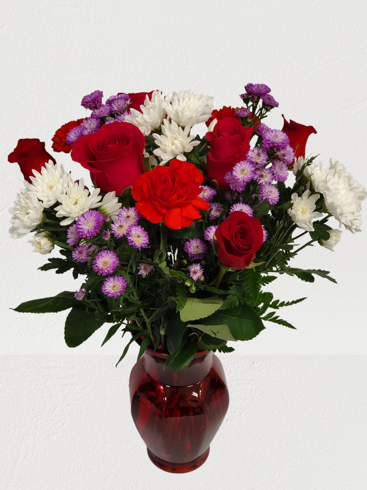 Key to My Heart - red vase with pink and red roses