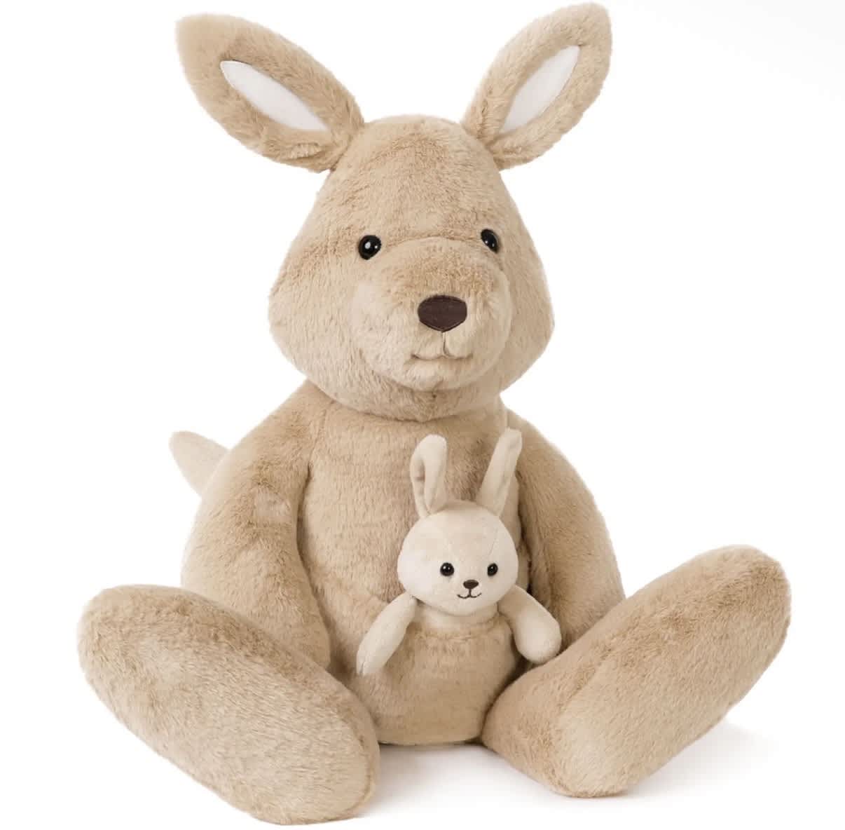 Plush tan kangaroo with a small bunny in its pouch